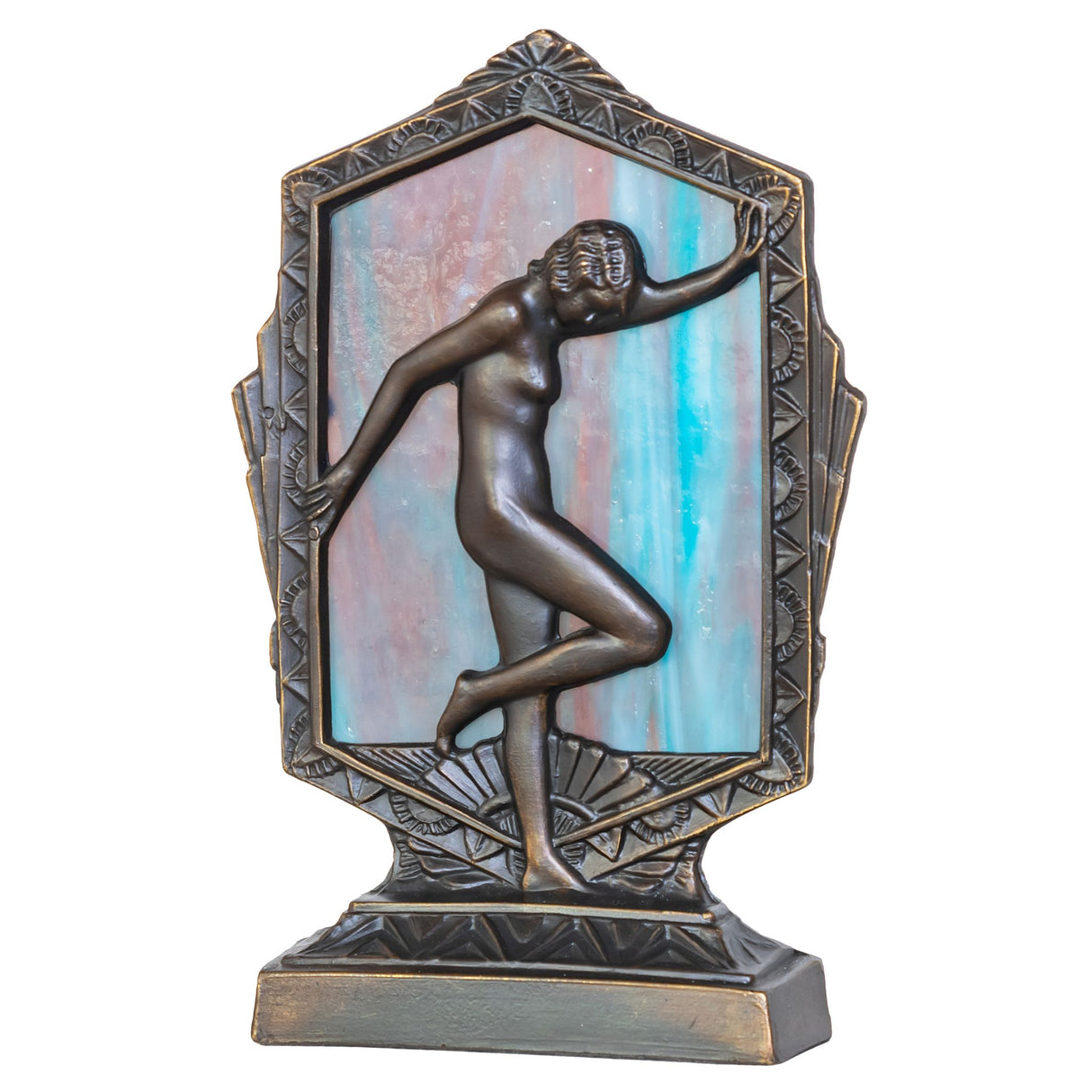 Unlit Art Deco accent lamp with a detailed posing lady figurine.