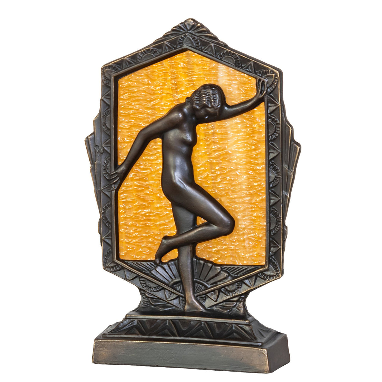 Unlit Art Deco accent lamp featuring a posing lady against a honey granite glass panel.