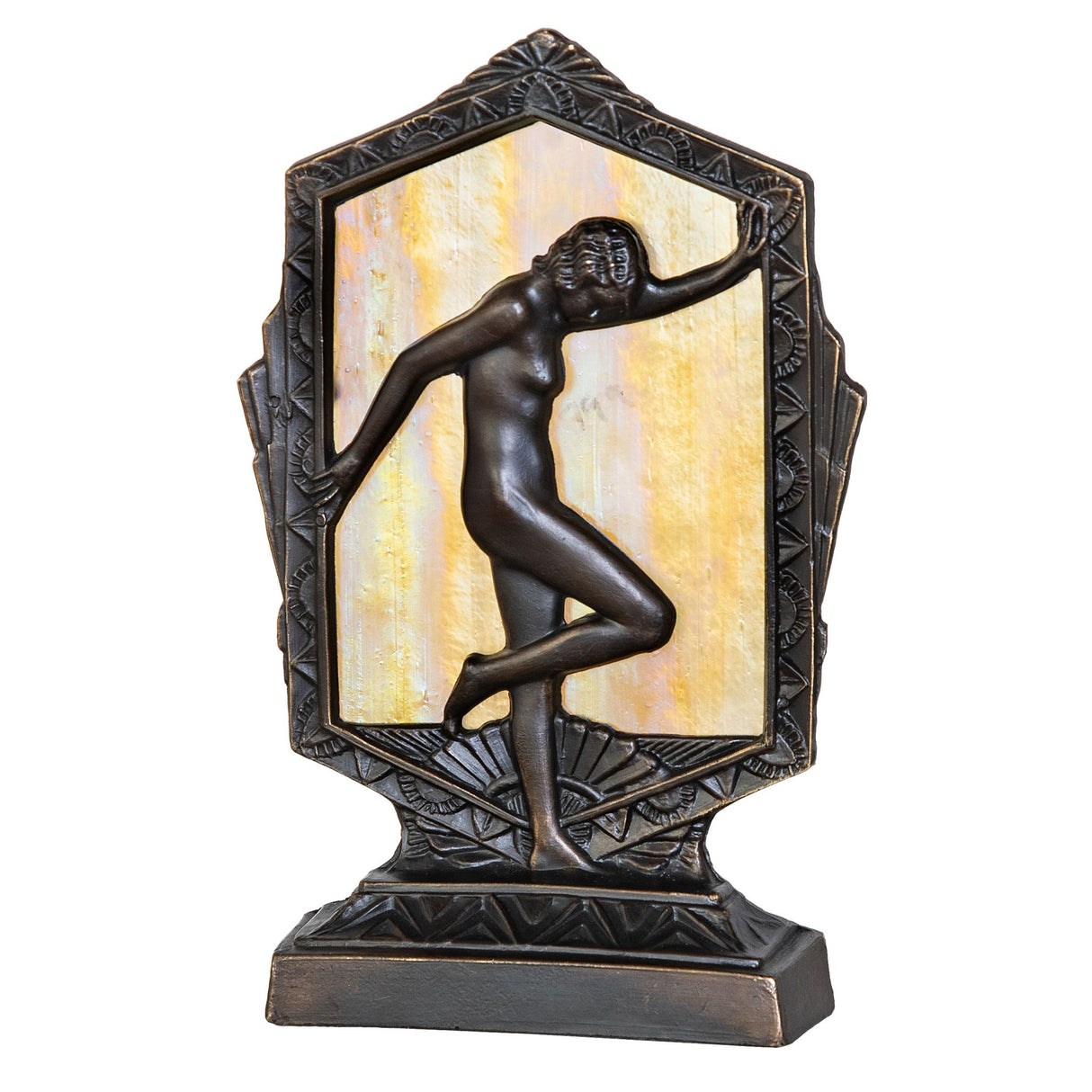 Unlit Deco posing lady accent lamp with a beige iridescent glass panel and antique brass details.