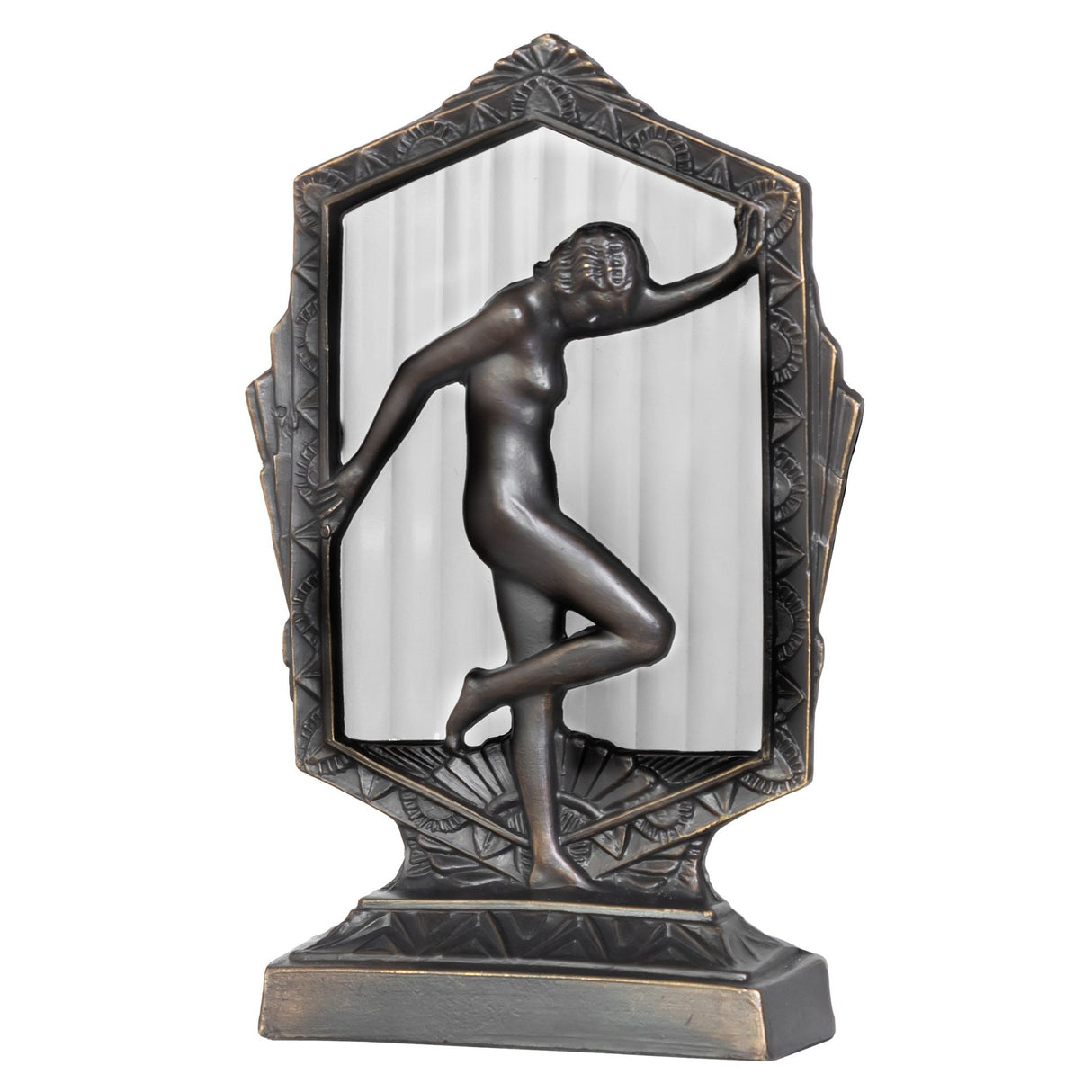 Unlit view of the Deco Posing Lady Accent Lamp showing intricate metalwork and frosted fluted glass.