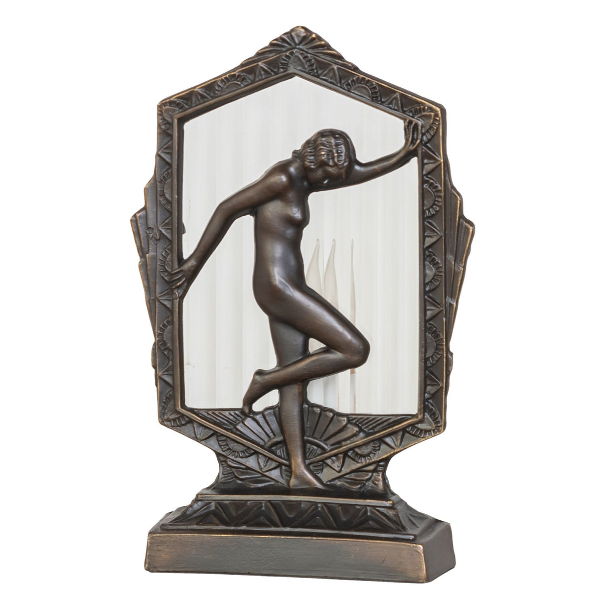 Unlit Deco Posing Lady Accent Lamp featuring a clear fluted glass panel and intricate metal details.