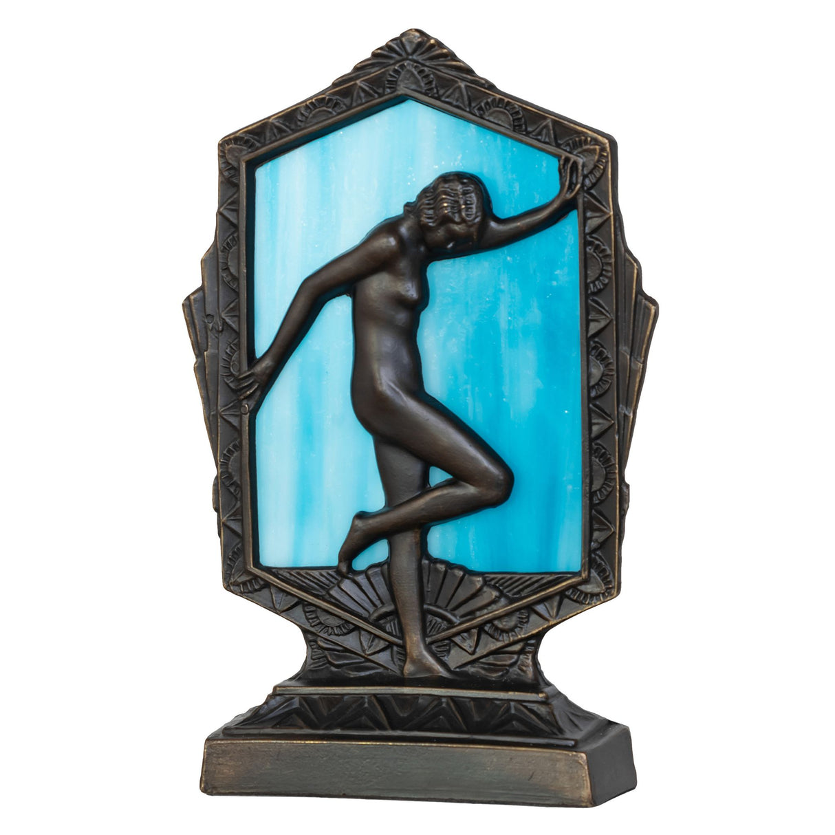 Unlit view of the Deco Posing Lady Accent Lamp featuring Sky Blue Art Glass.