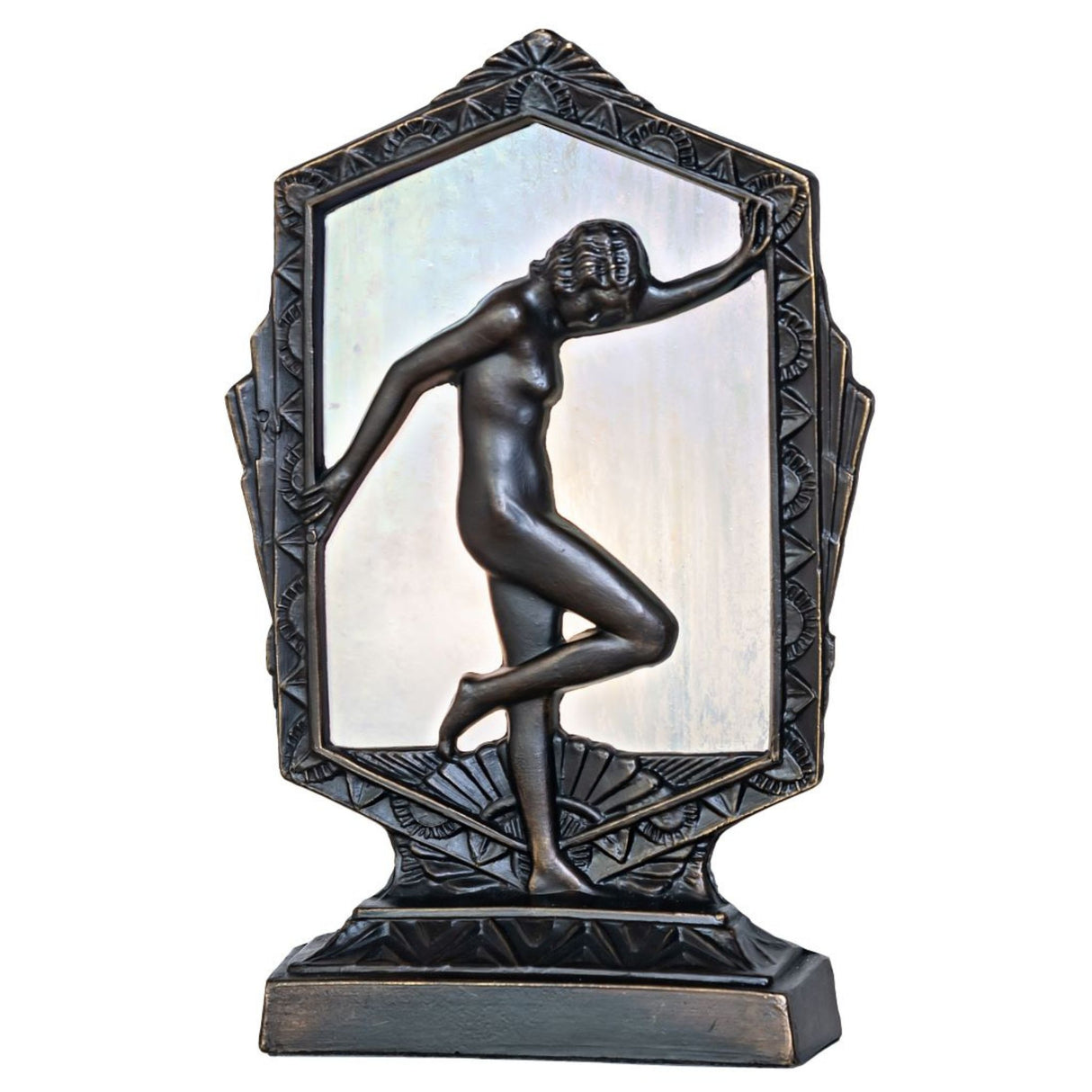 Unlit view of the Deco Posing Lady Accent Lamp featuring an elegant metal statuette.