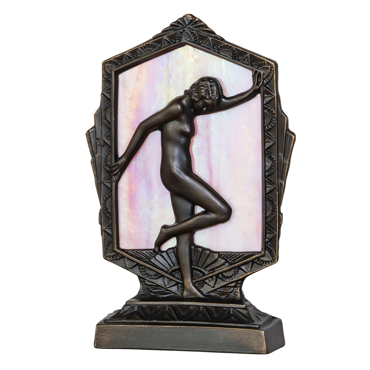 Unlit view of the Deco Posing Lady Accent Lamp, showcasing its pink iridescent glass panel.