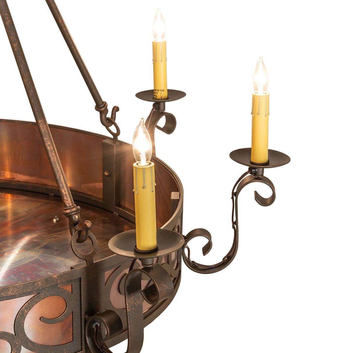 Close up of gilded tobacco finish and bobeche on Delano chandelier.