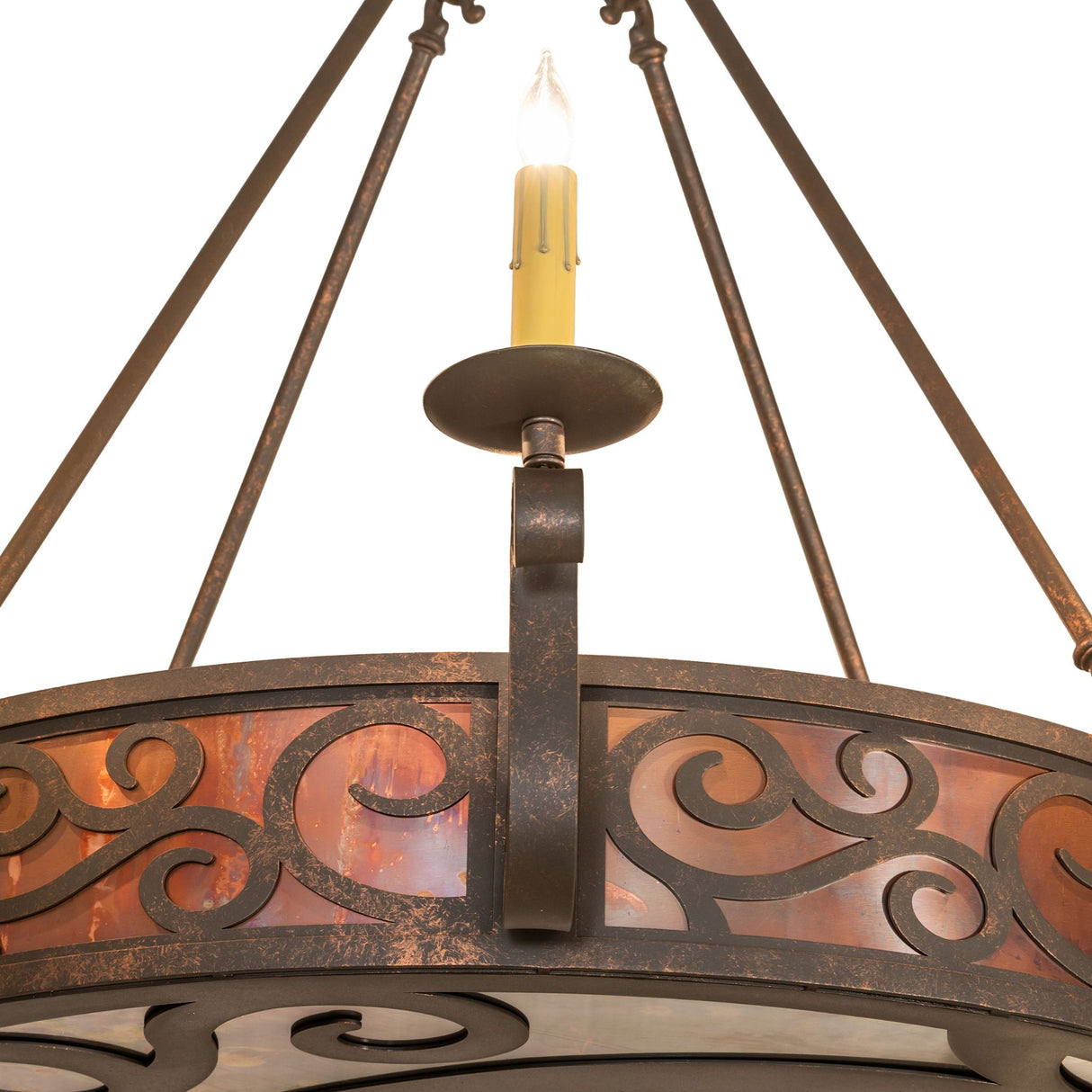 Close up of Delano chandelier candlelight and scroll arm detailing.