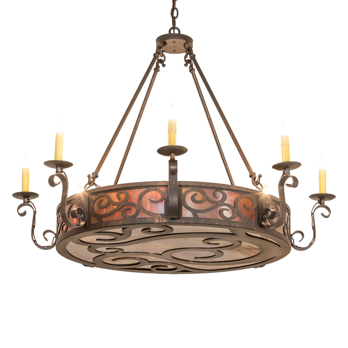 Delano 8 light chandelier lit view with gilded tobacco finish.