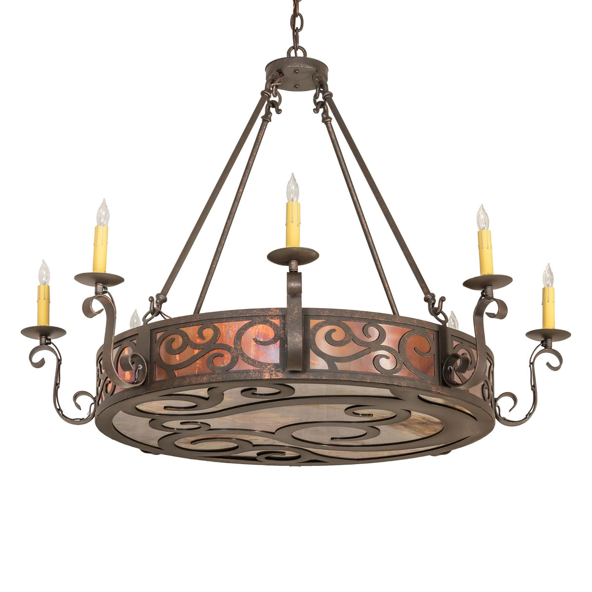 Delano 8 light chandelier unlit showing scroll metal frame.