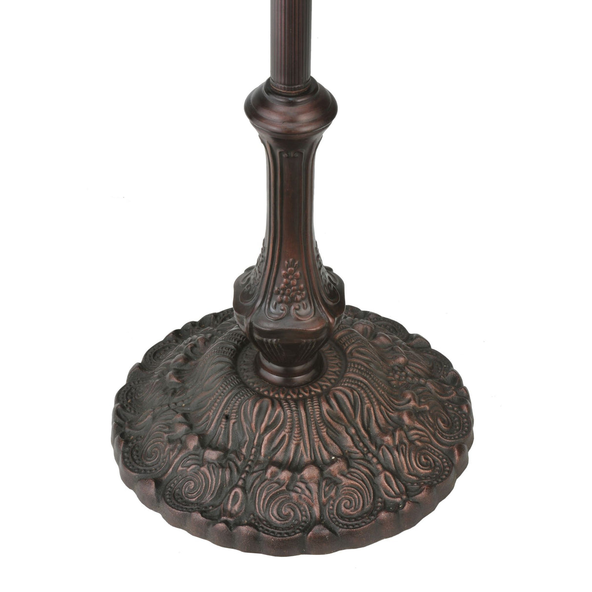 Detailed view of the bronze lamp base with decorative patterns.