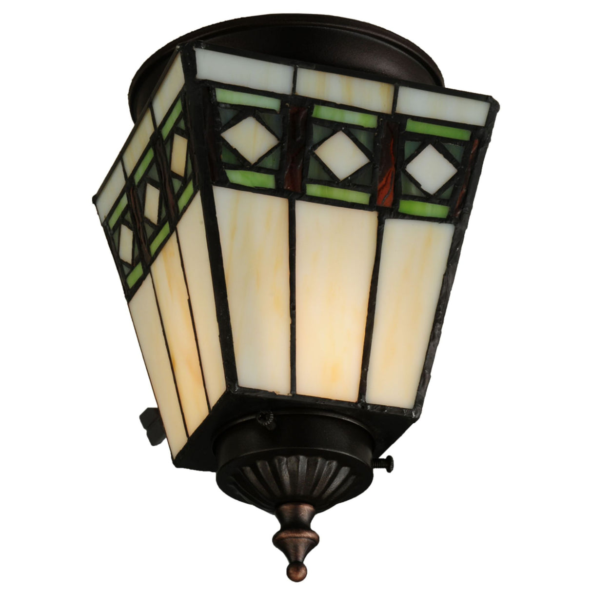 Close-up of the stained glass design on the 5" Square Diamond Band Mission Flushmount.