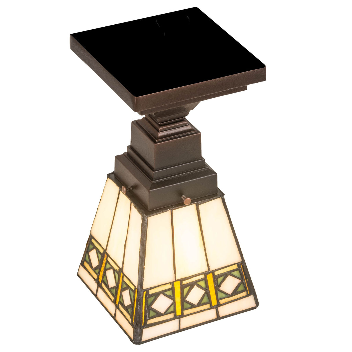 Top detail of the Diamond Band Mission Flushmount showcasing stained glass design.