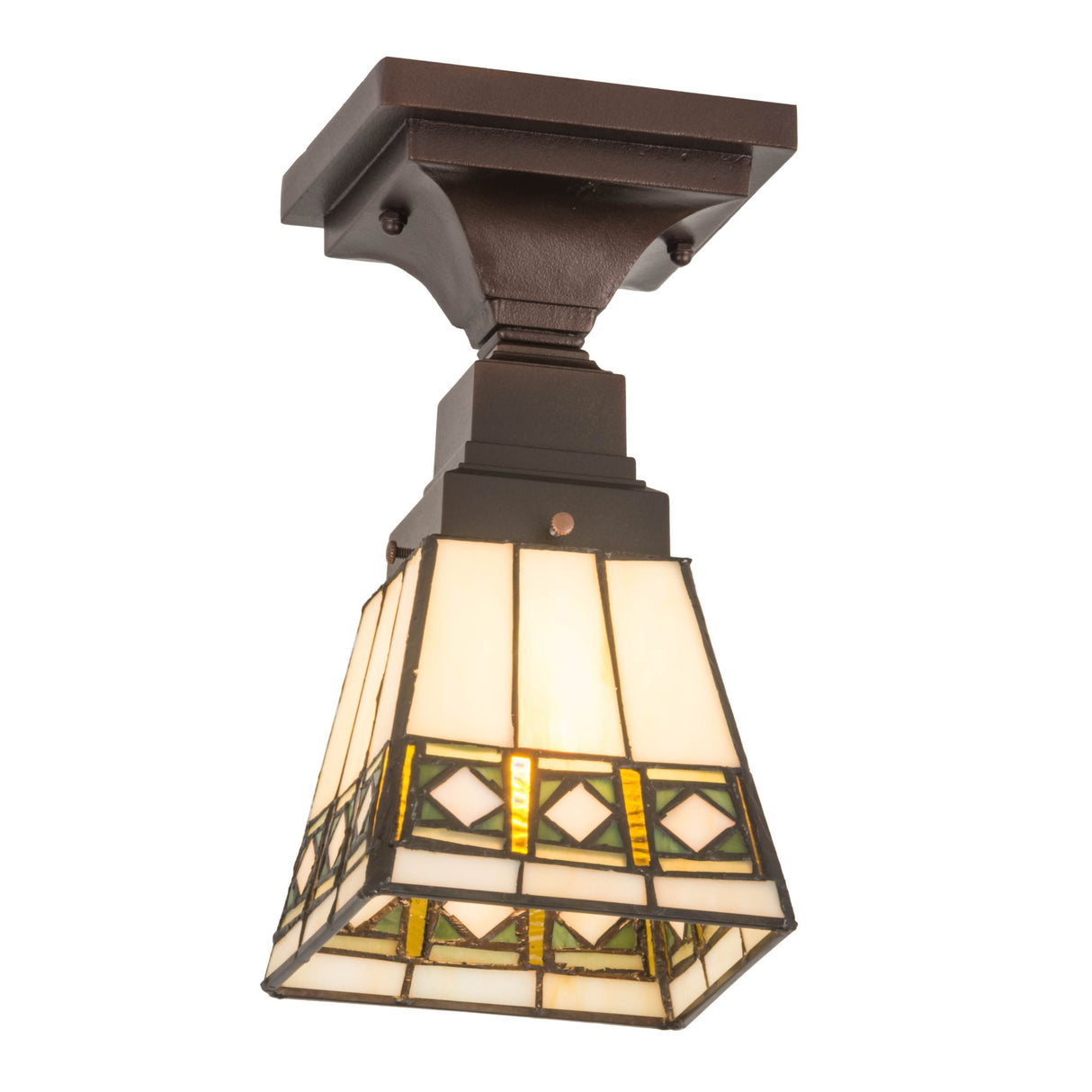 Front view of the Diamond Band Mission Flushmount with stained glass shade.