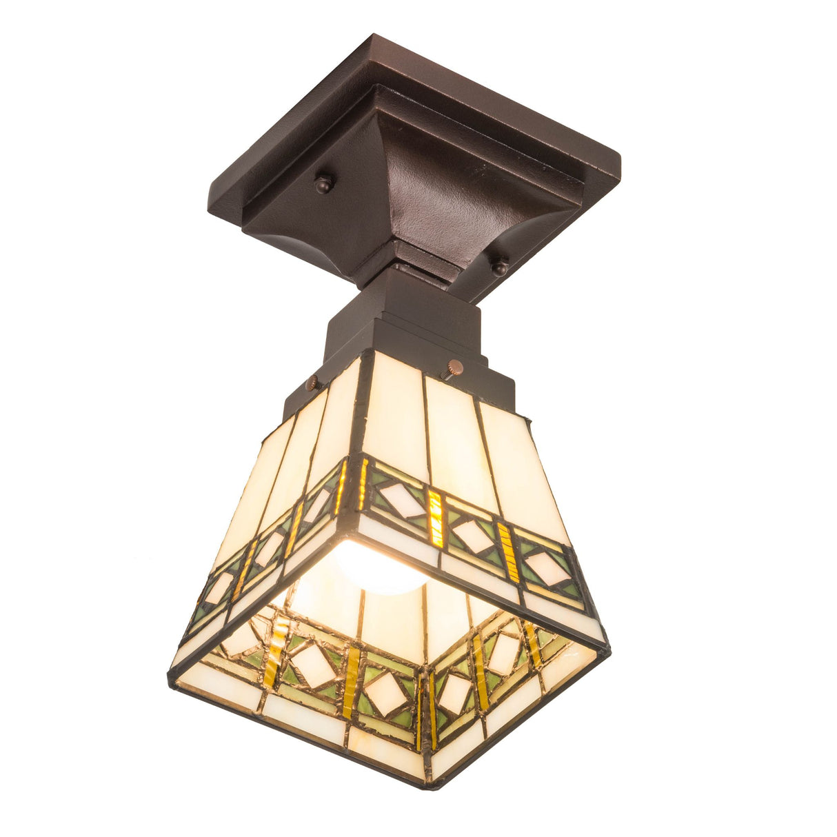 Illuminated view of the Diamond Band Mission Flushmount showing glowing stained glass.