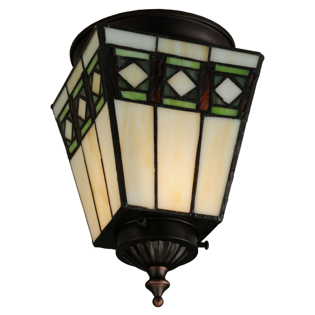 Lit view showing the warm glow of the Diamond Band Mission flushmount.