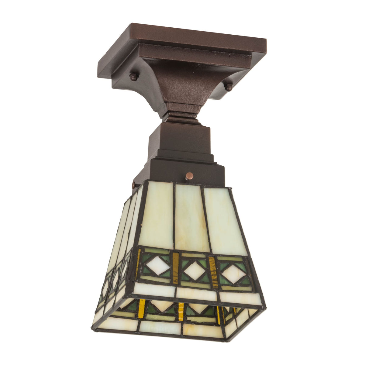 Side angle of the Diamond Band Mission Flushmount highlighting geometric patterns.