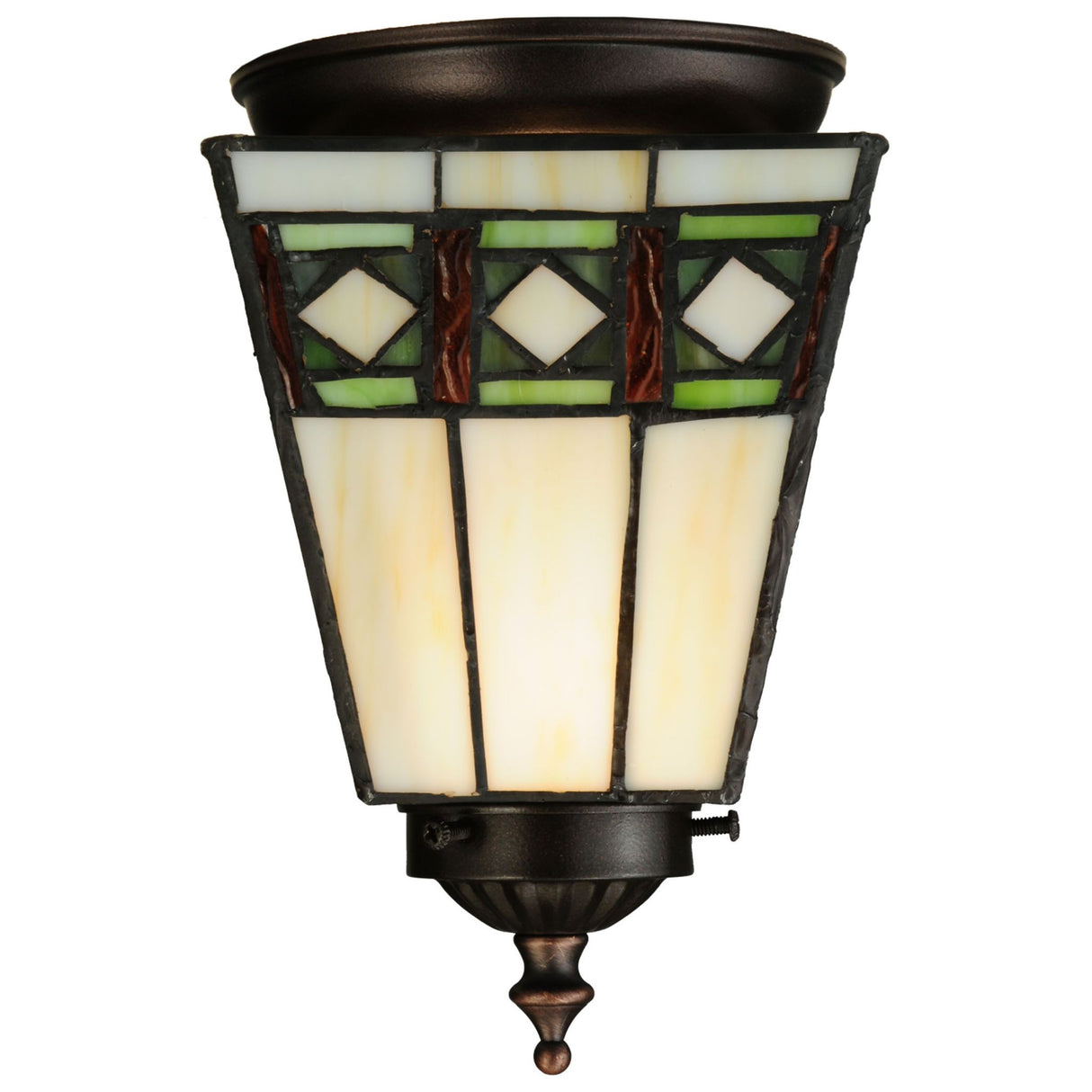 Side view highlighting the stained glass diamond patterns on the flushmount.