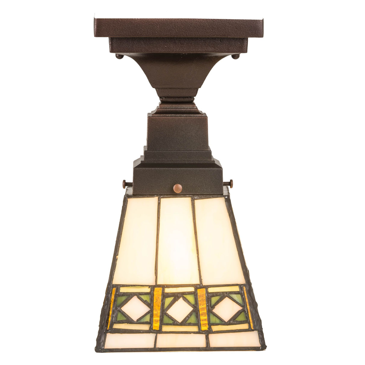 Diamond Band Mission Flushmount featuring a geometric stained glass design.