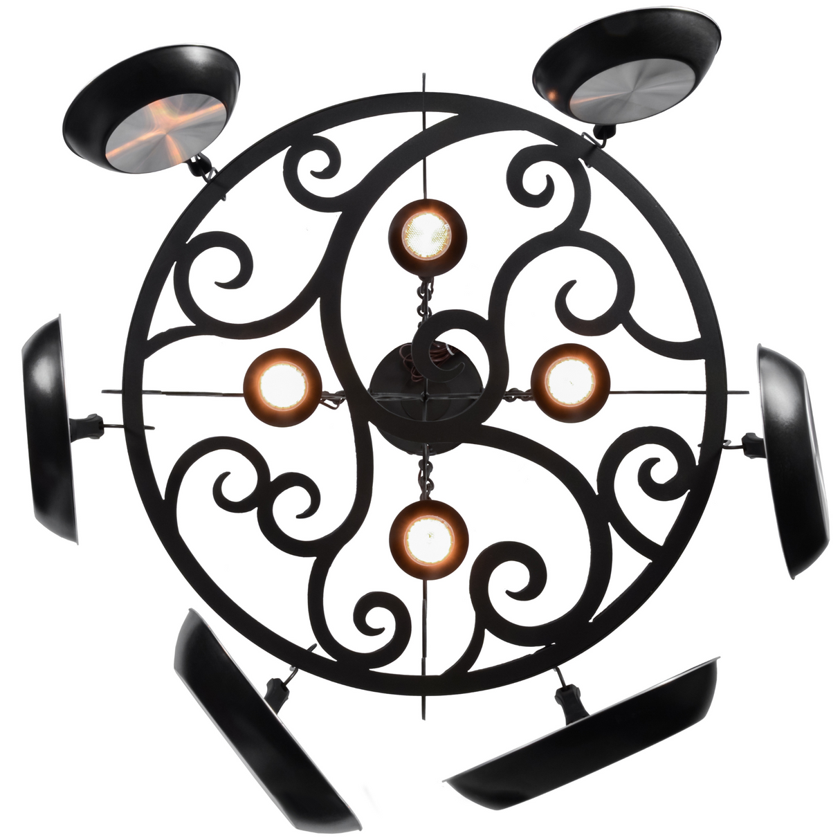 Dior 4-light round pot rack chandelier bottom view showing scroll details.
