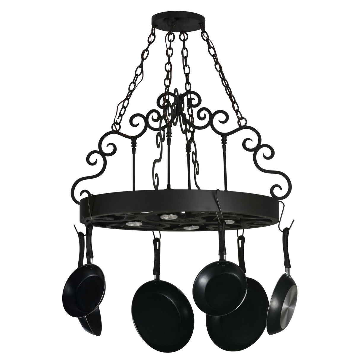 Dior 4-light pot rack chandelier unlit, straight-on view.