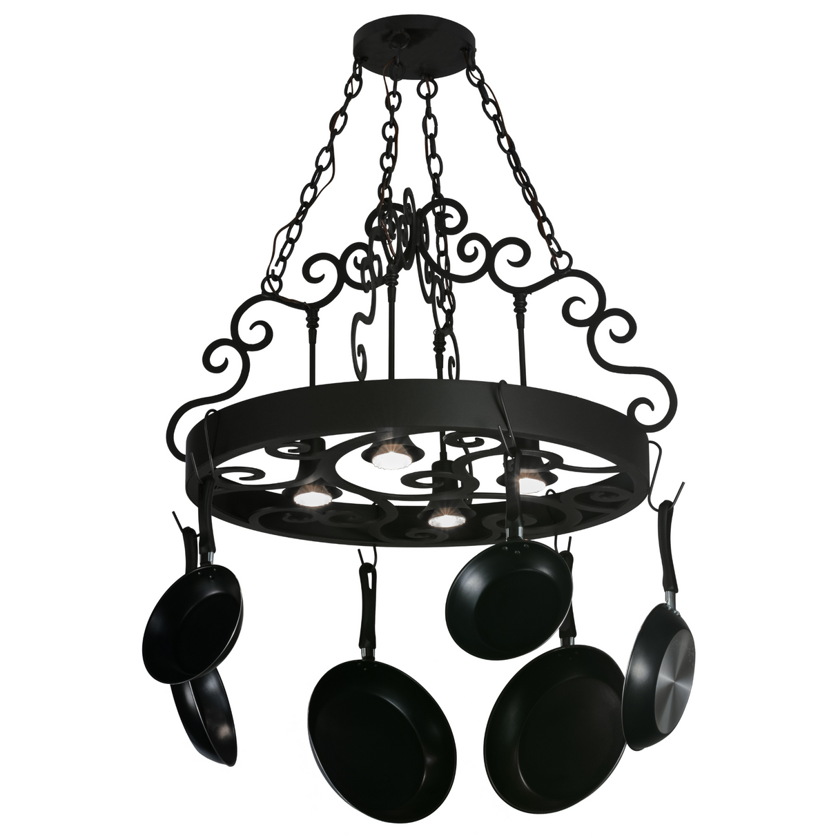 Dior 4-light pot rack chandelier glowing, angled view.