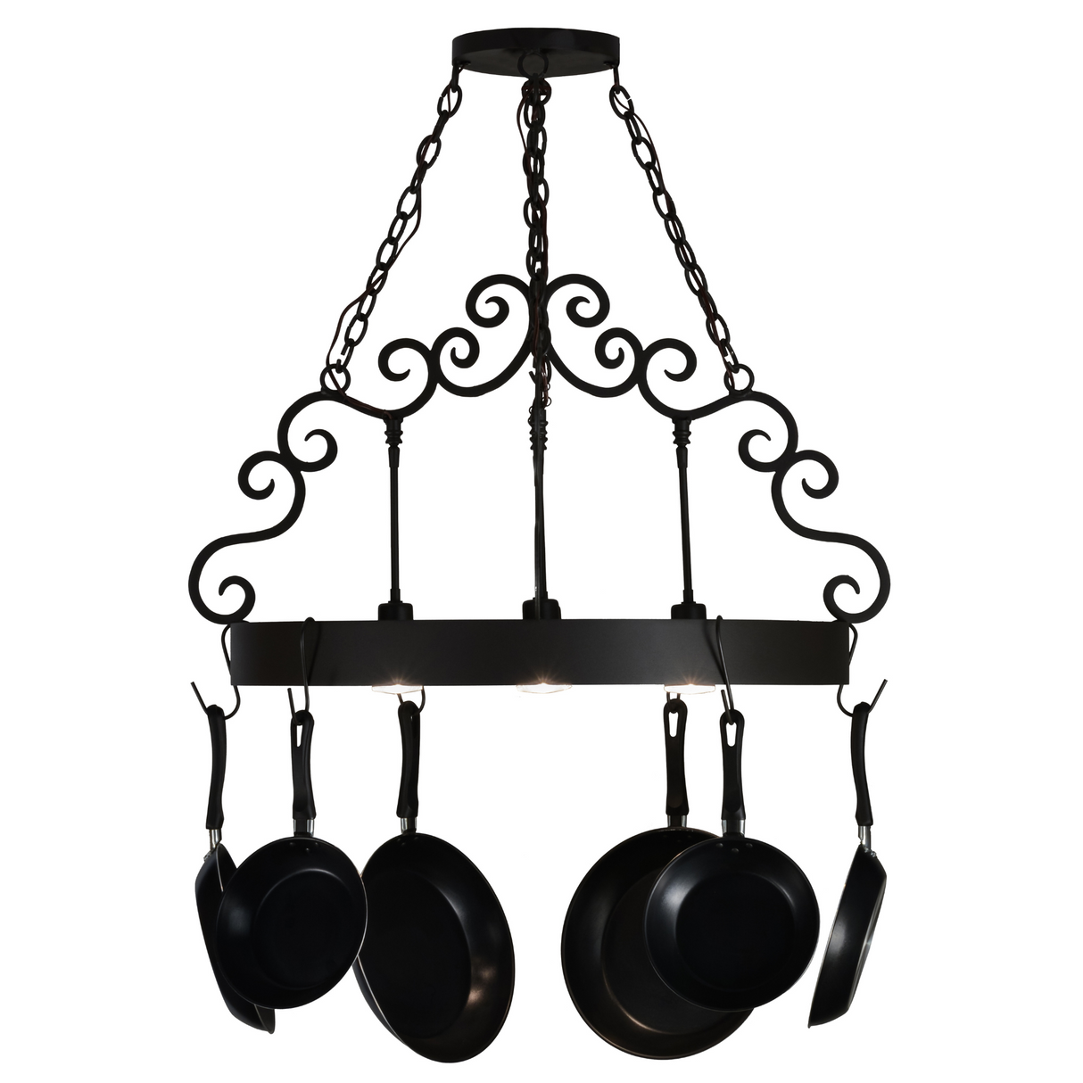 Dior 4-light round pot rack chandelier side lit view.