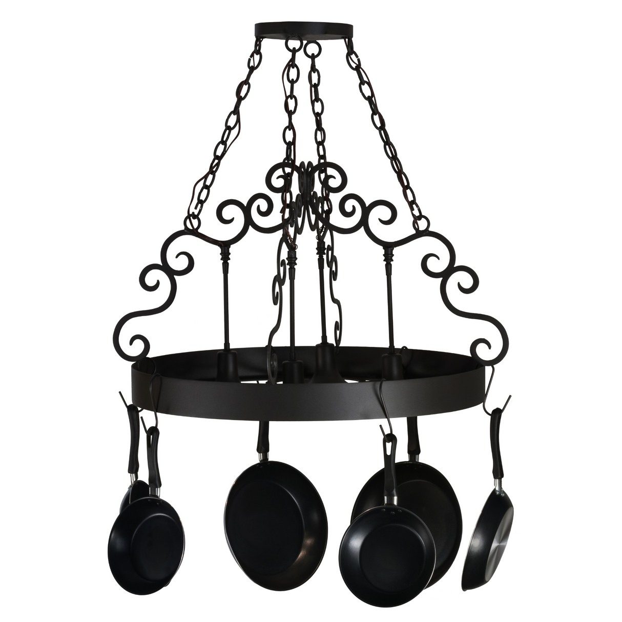 4-light round pot rack chandelier side unlit view.