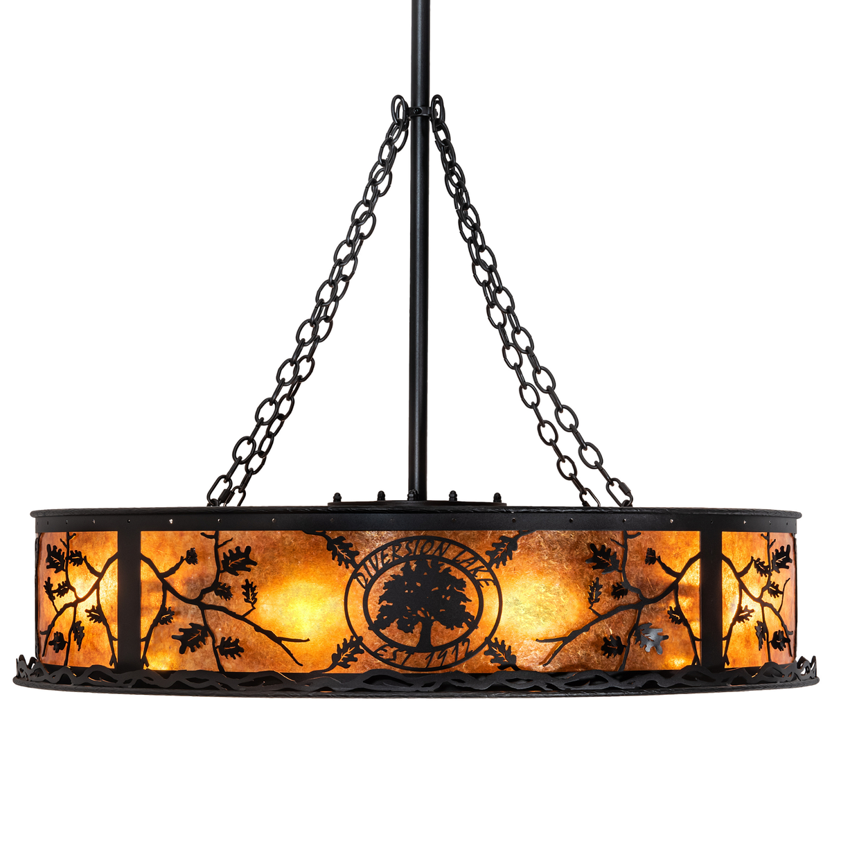 Side lit view emphasizing handcrafted metal branches and glowing panels.