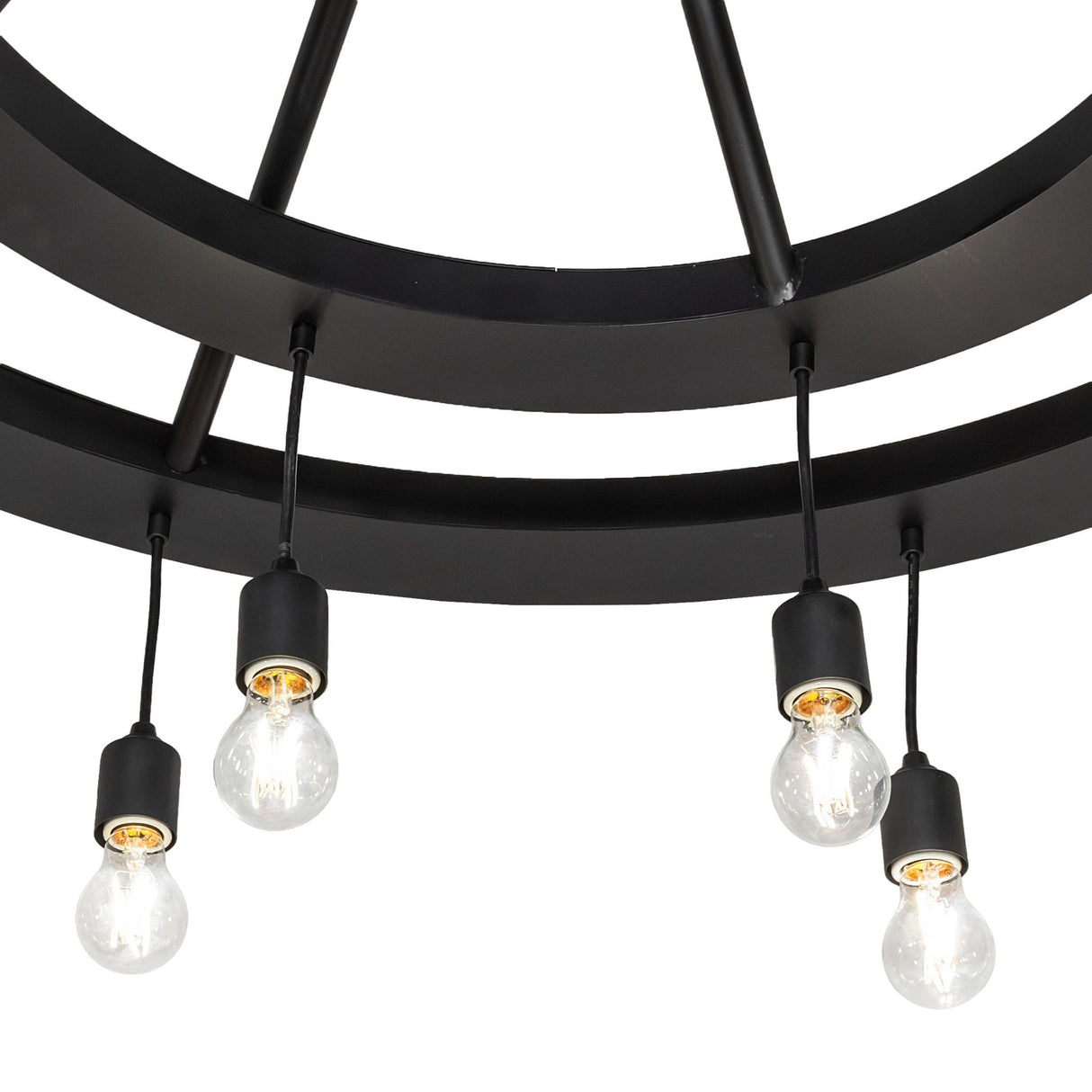 Donner 16 light chandelier showing exposed Edison bulb and solar black ring finish.