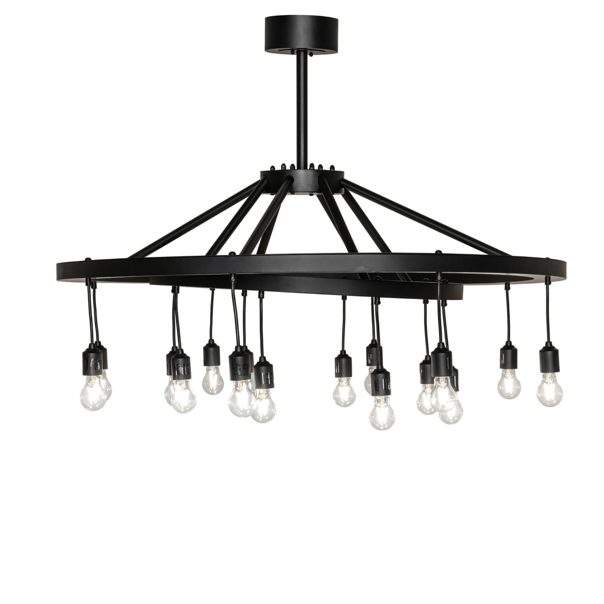 Donner 16 light chandelier side view highlighting hanging bulb cords.
