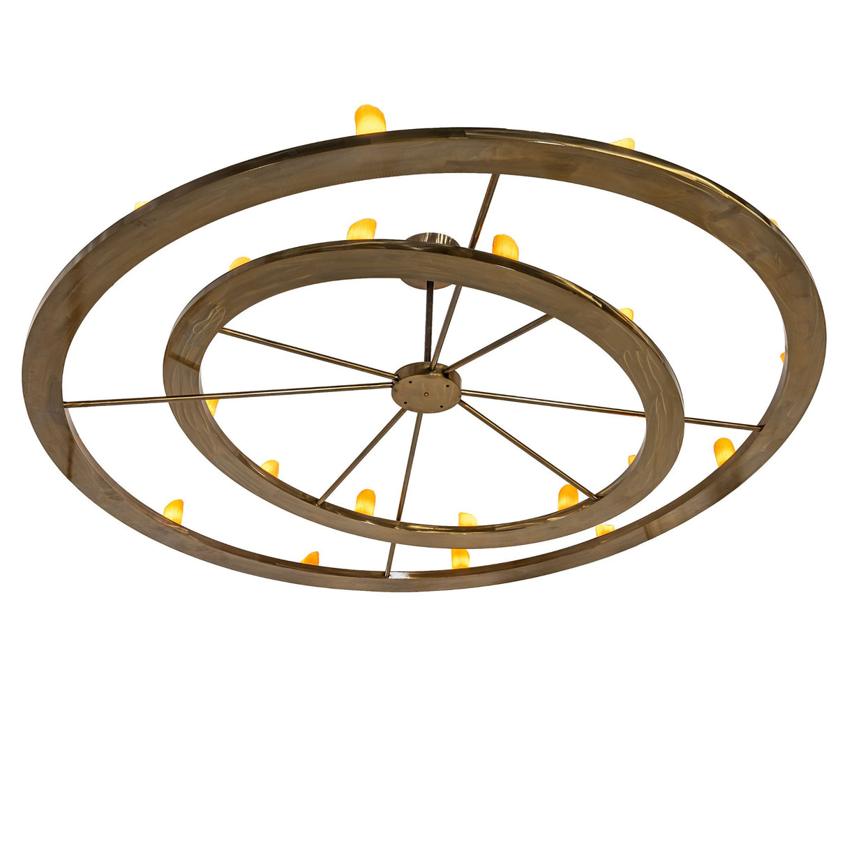 Lower angle view of Donner 24 light chandelier highlighting brass rings.