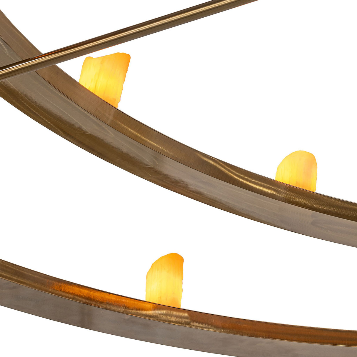 Close-up of Donner chandelier brass ring with integrated LED candle elements.