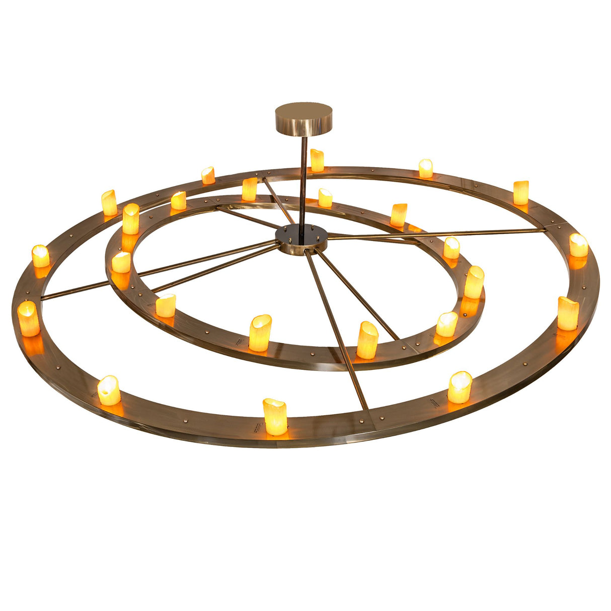 Top view of Donner chandelier showing concentric brass rings and spoke detailing.