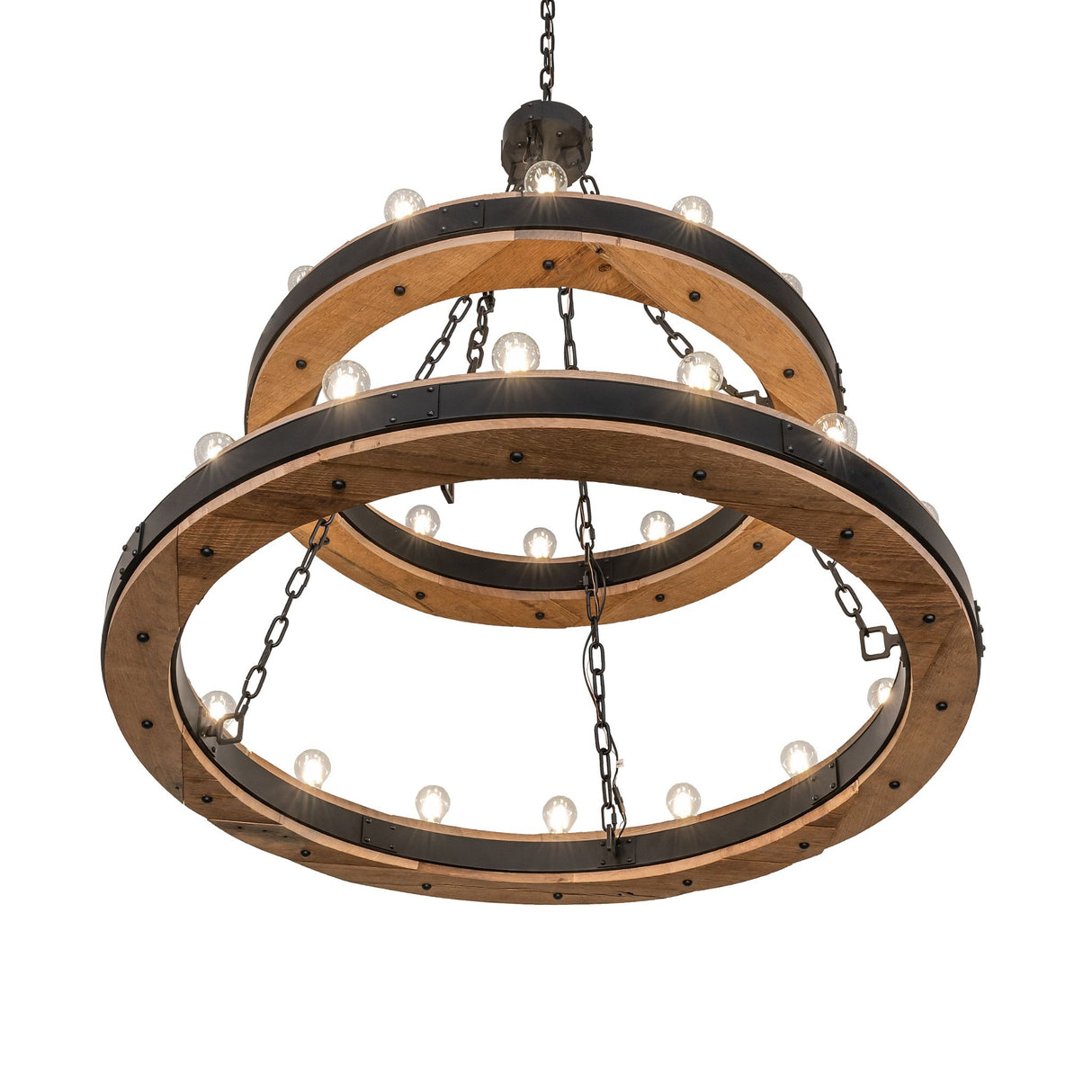 Bottom angle view showing tiered wood rings and bulbs.