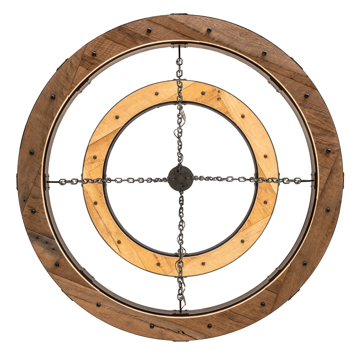 Bottom view highlighting circular wood construction and chains.