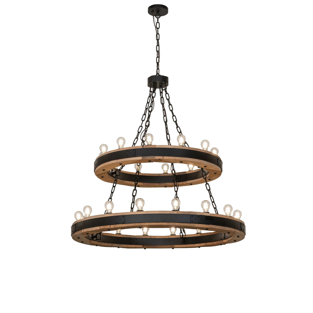 Dowling two-tier chandelier illuminated with Edison bulbs.