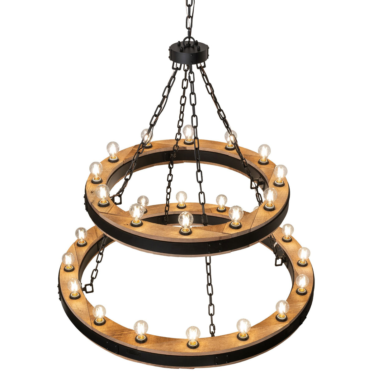 Top angle view showing lit Edison bulbs and wood rings.