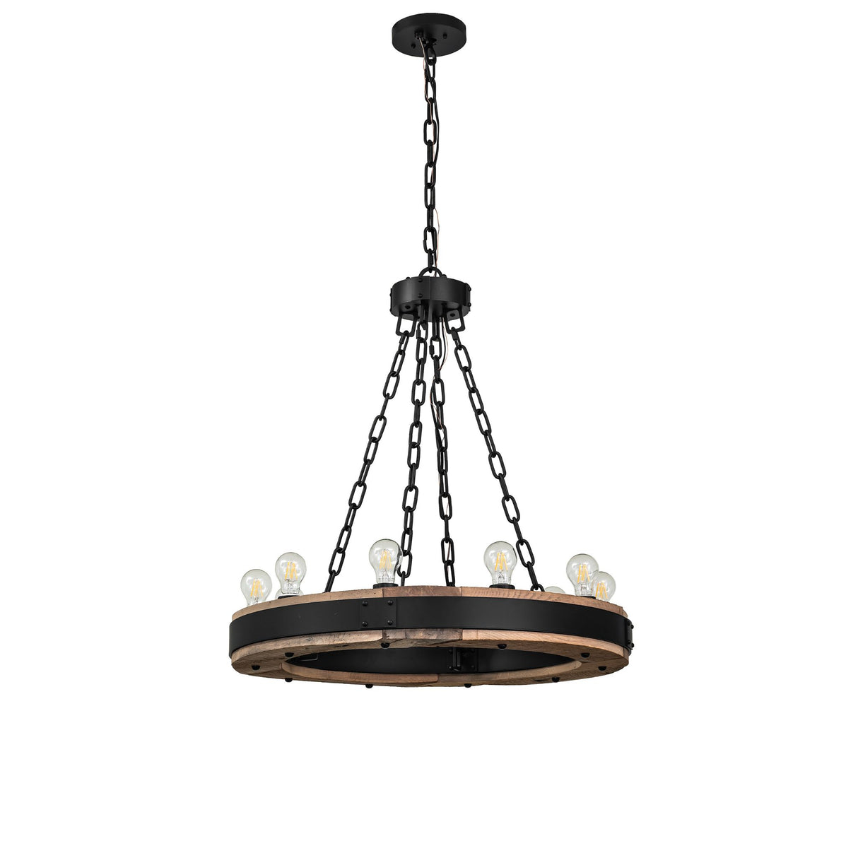 Dowling 10-light chandelier unlit showing wood ring and black metal band.