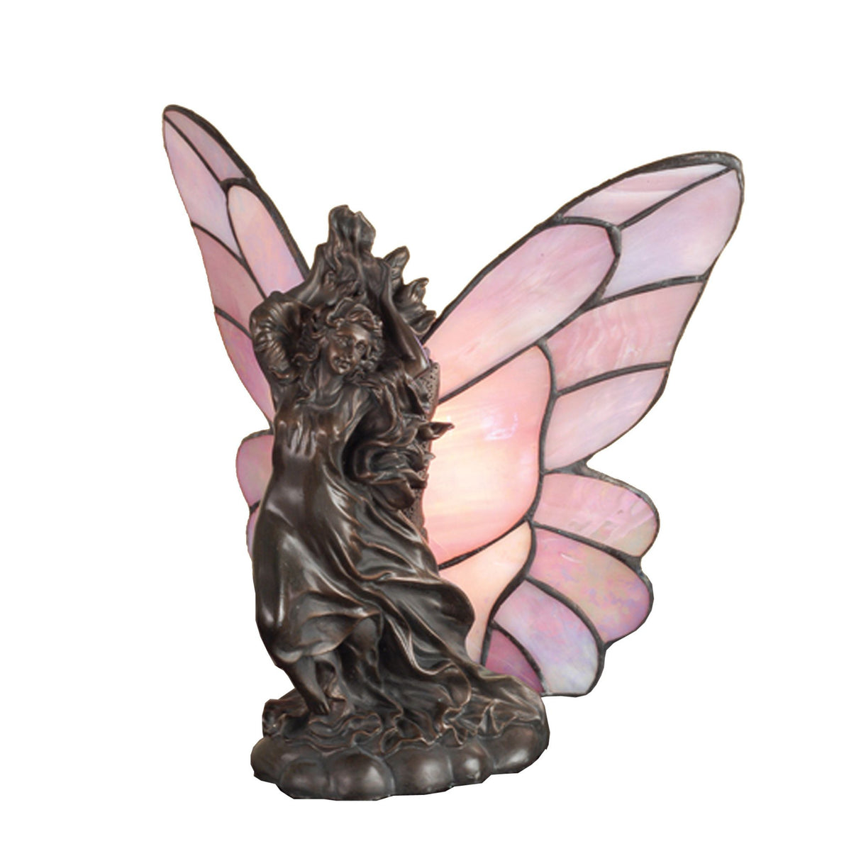 Bronze fairy lamp with pink stained glass wings.