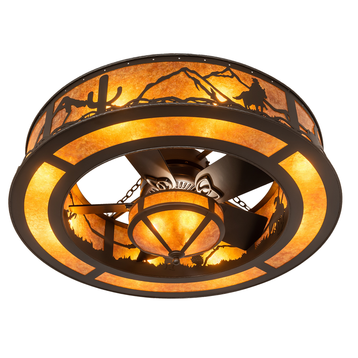 Bottom view revealing integrated fan blades and circular frame lighting.