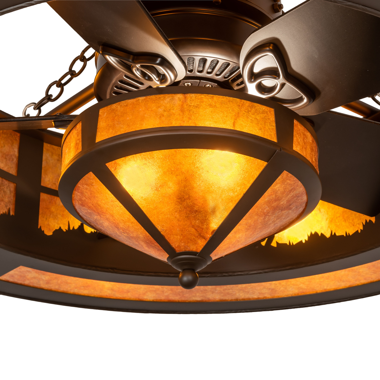 Close-up of central amber mica cone diffuser and bronze frame detail.