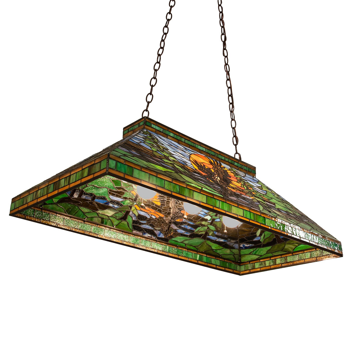 Angled view of the Eagle at Sunset pendant highlighting its colorful nature-inspired design.