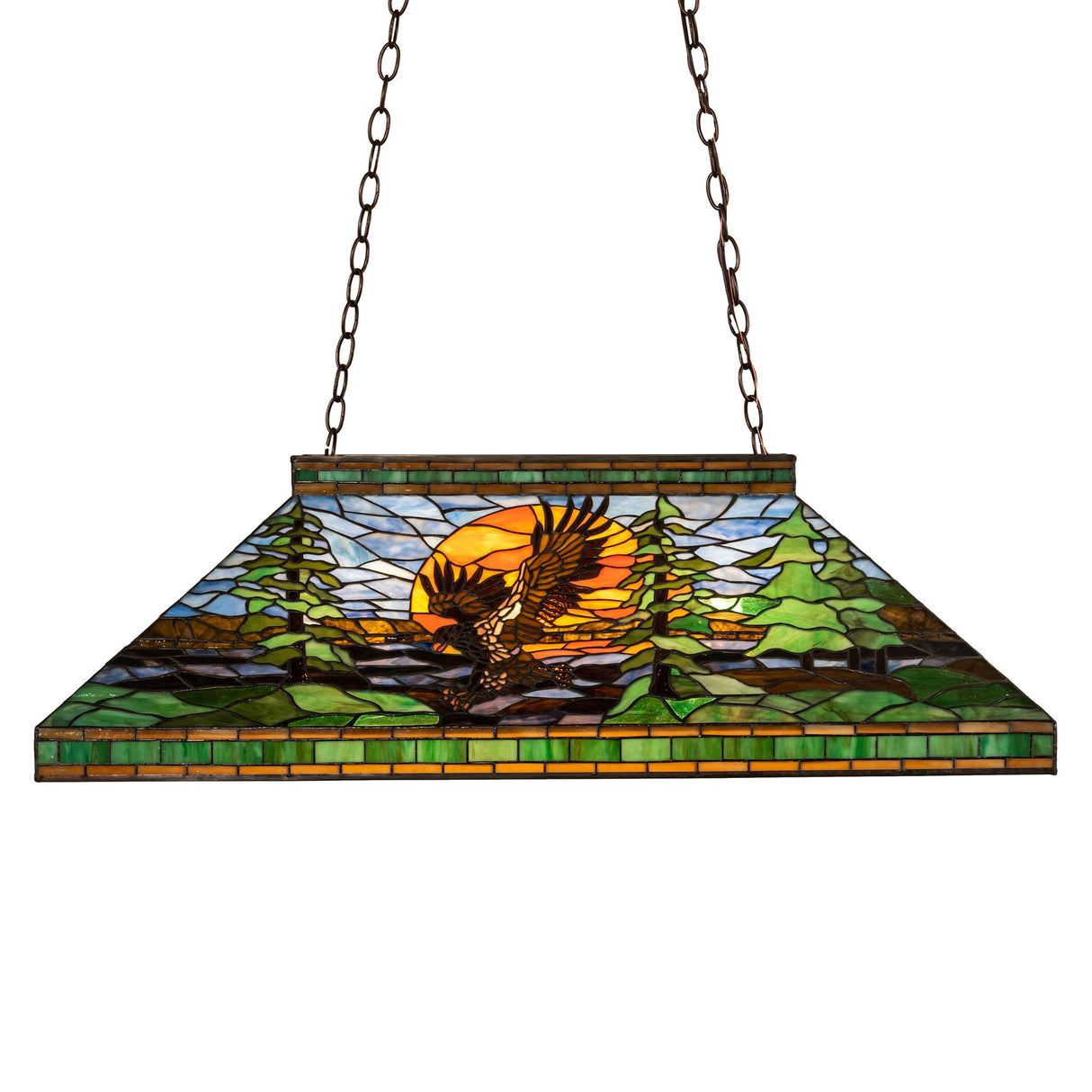 Front view of the Eagle at Sunset pendant light featuring a majestic eagle in a woodland scene.