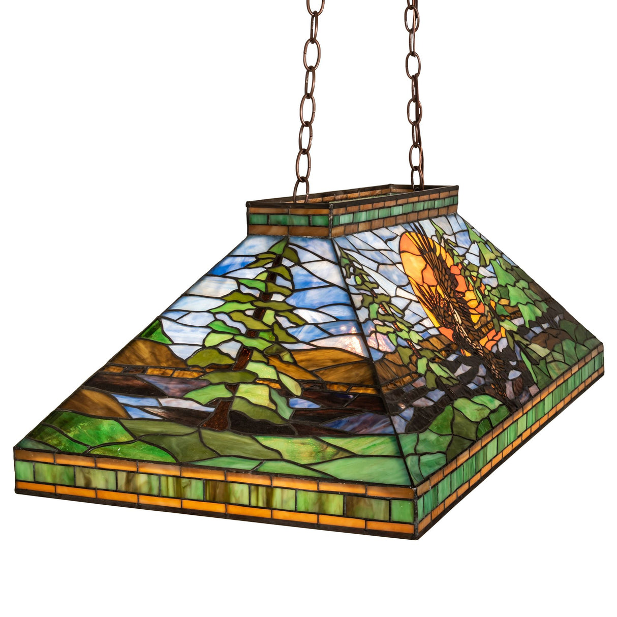 Side view showcasing the intricate glasswork of the Eagle at Sunset pendant.