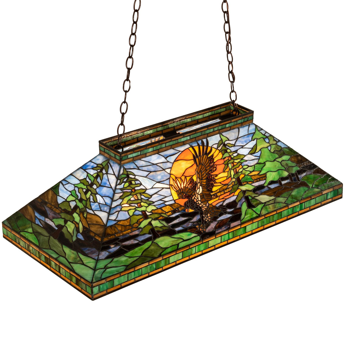 Top view of the Eagle at Sunset pendant featuring a scenic eagle and woodland design.