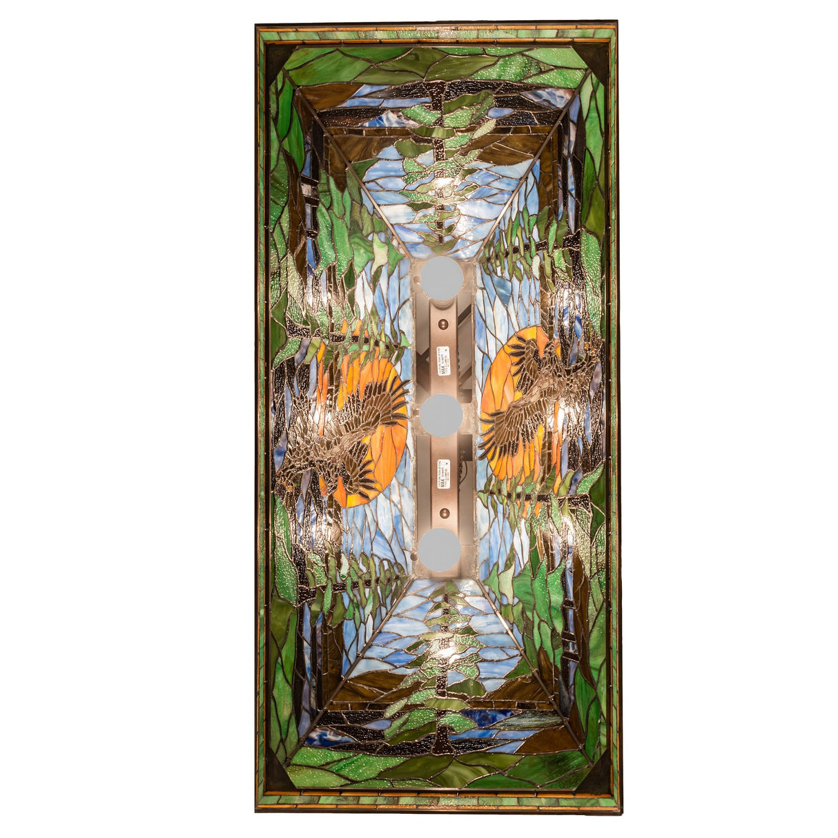 Underside view of the Eagle at Sunset pendant, showcasing intricate interior glasswork.