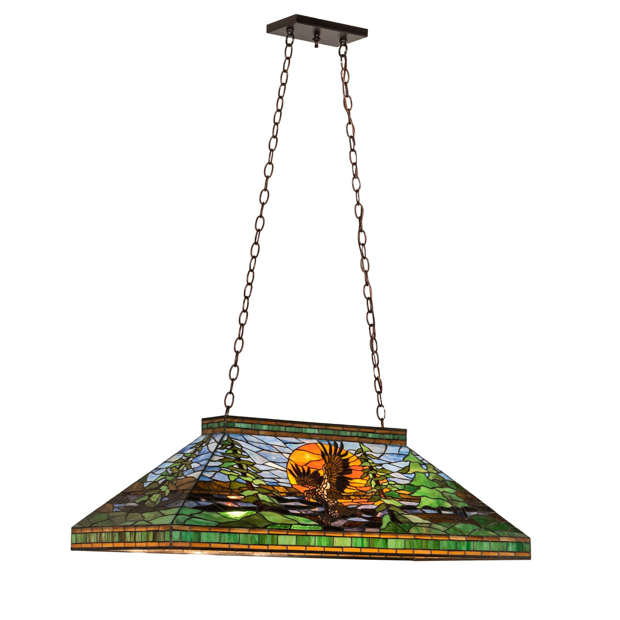 Hanging view of the Eagle at Sunset pendant with chains and glass artistry.