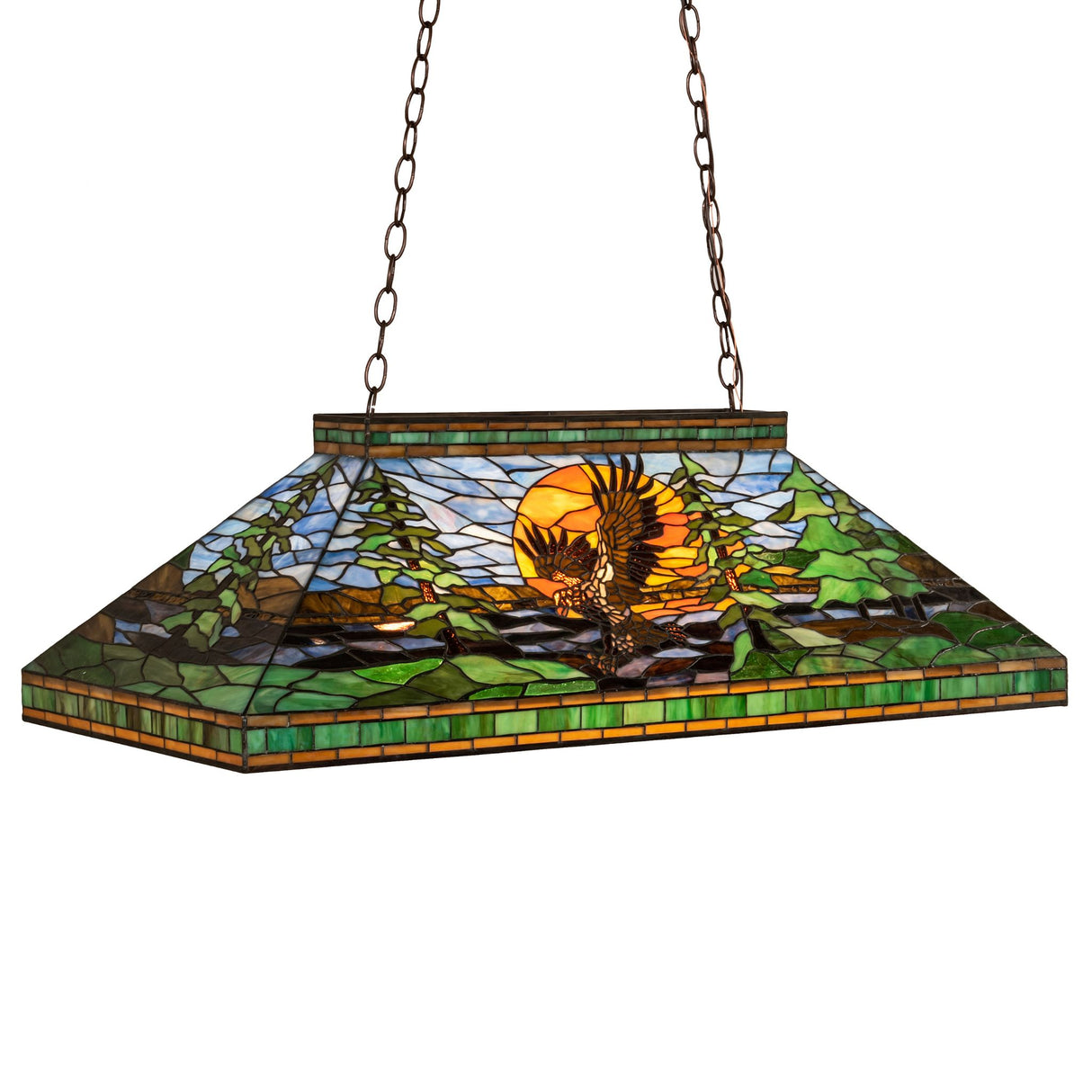 Eagle at Sunset oblong pendant with scenic stained glass design.