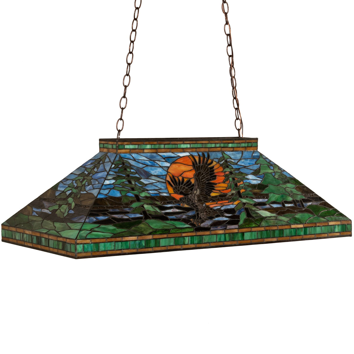 Unlit view of the Eagle at Sunset oblong pendant showcasing detailed art glass design.