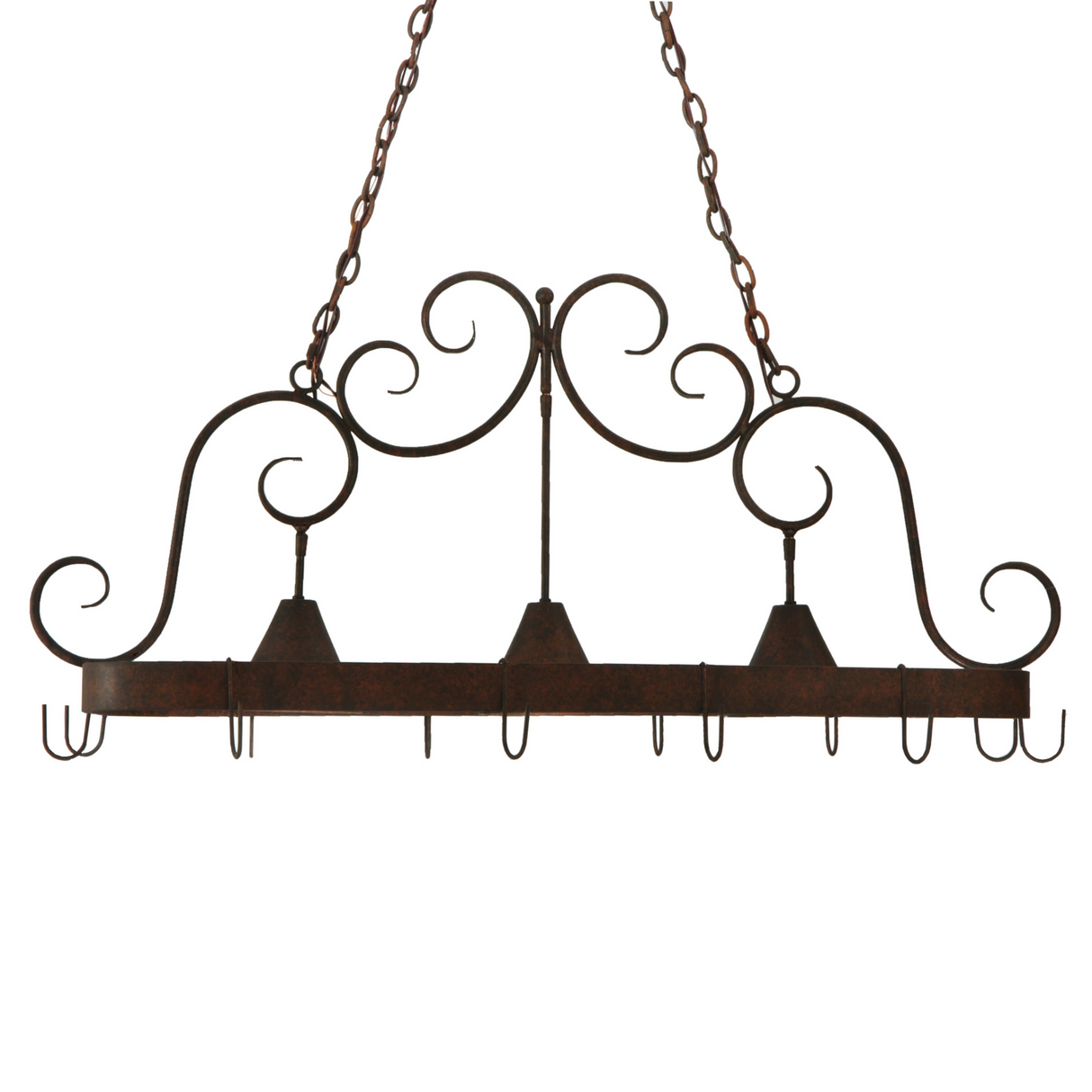 Back view of Elana 3-light pot rack and scroll details.