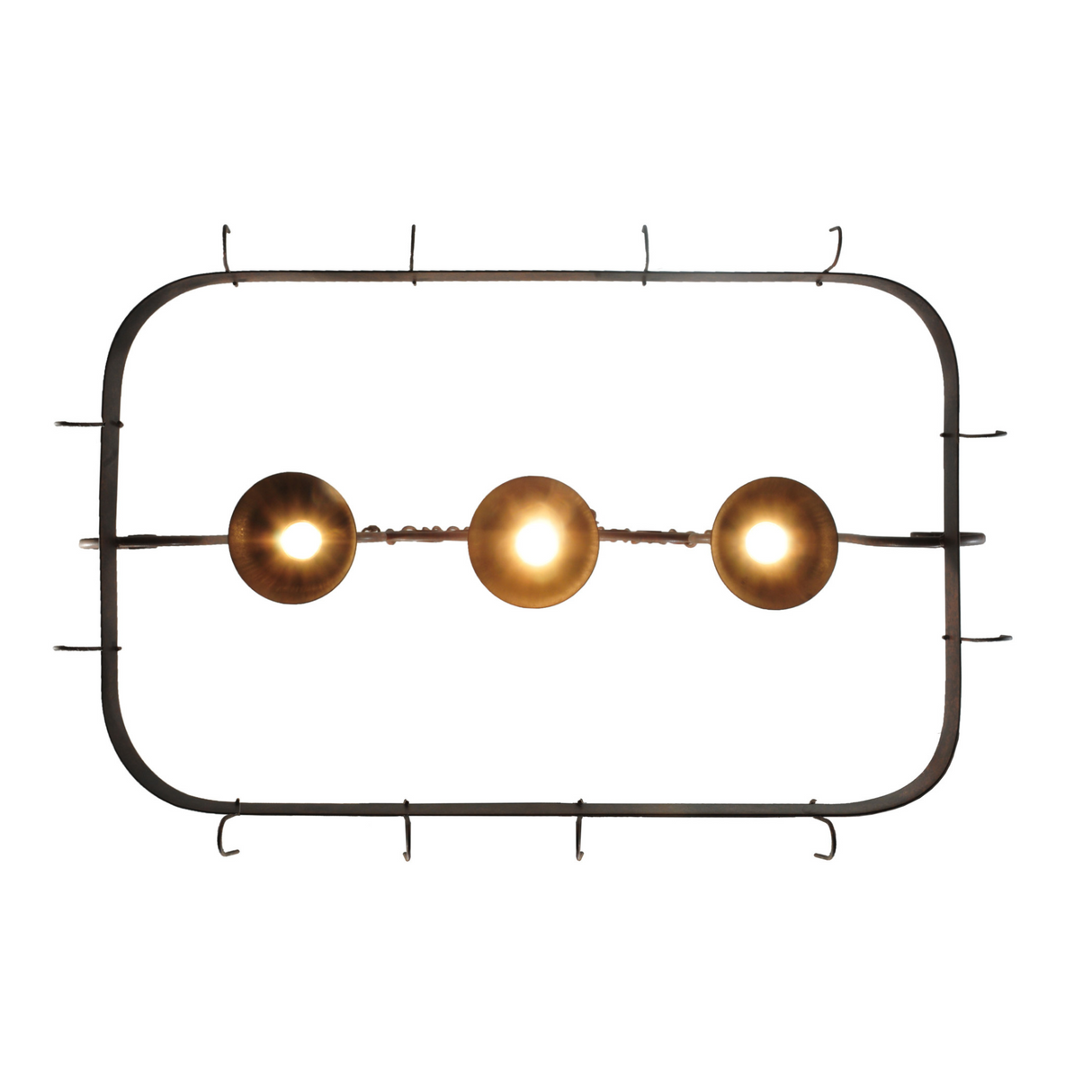 Bottom view of illuminated downlights and hanging hooks.